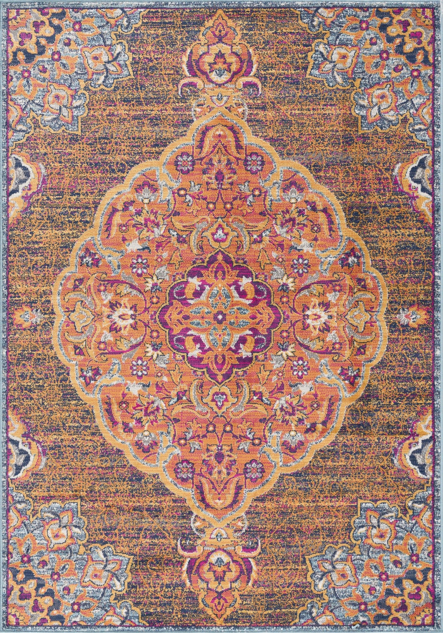 Floria Floral Medallion Traditional Blue and Pink Indoor Rug-3