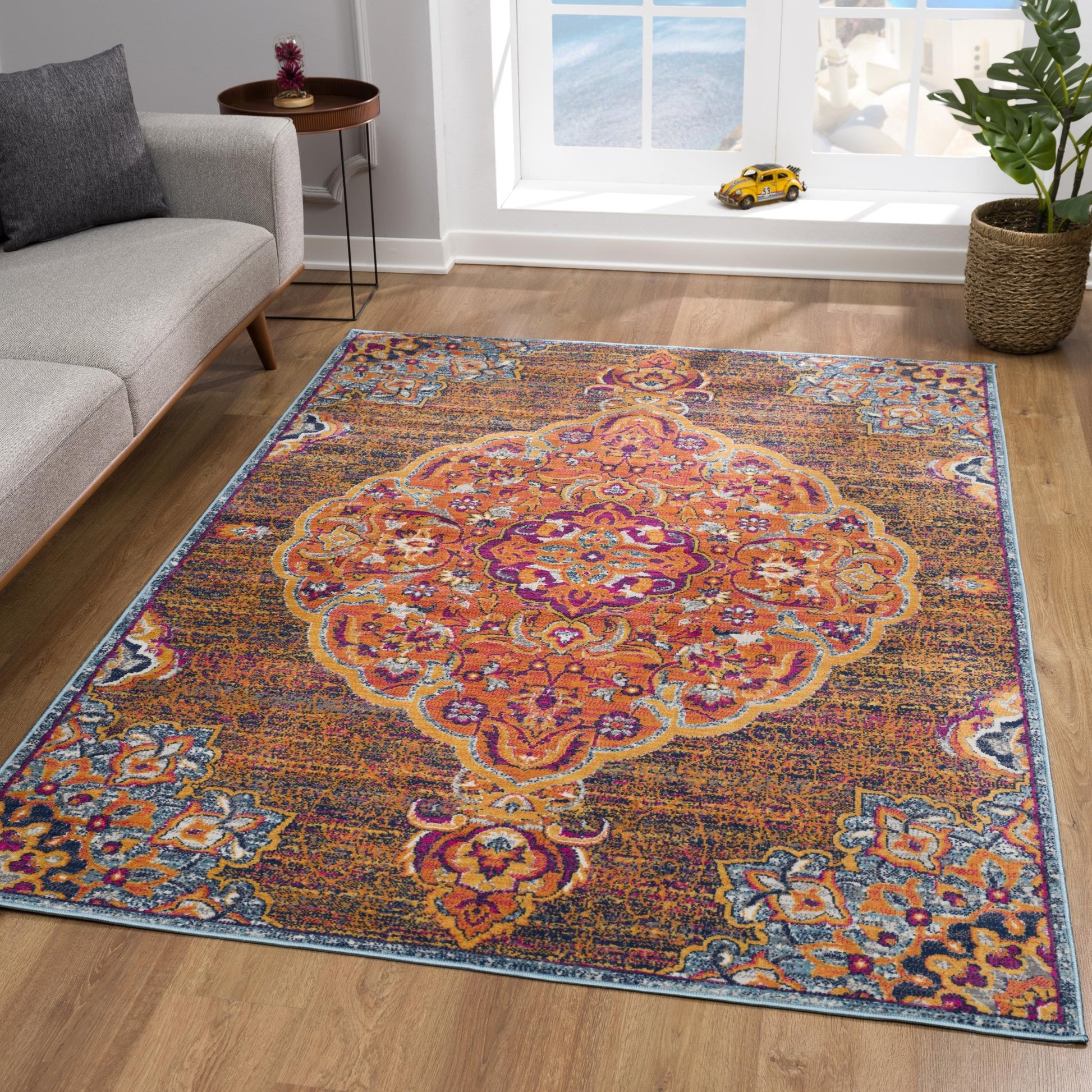 Floria Floral Medallion Traditional Blue and Pink Indoor Rug-4