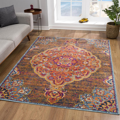 Floria Floral Medallion Traditional Blue and Pink Indoor Rug-4