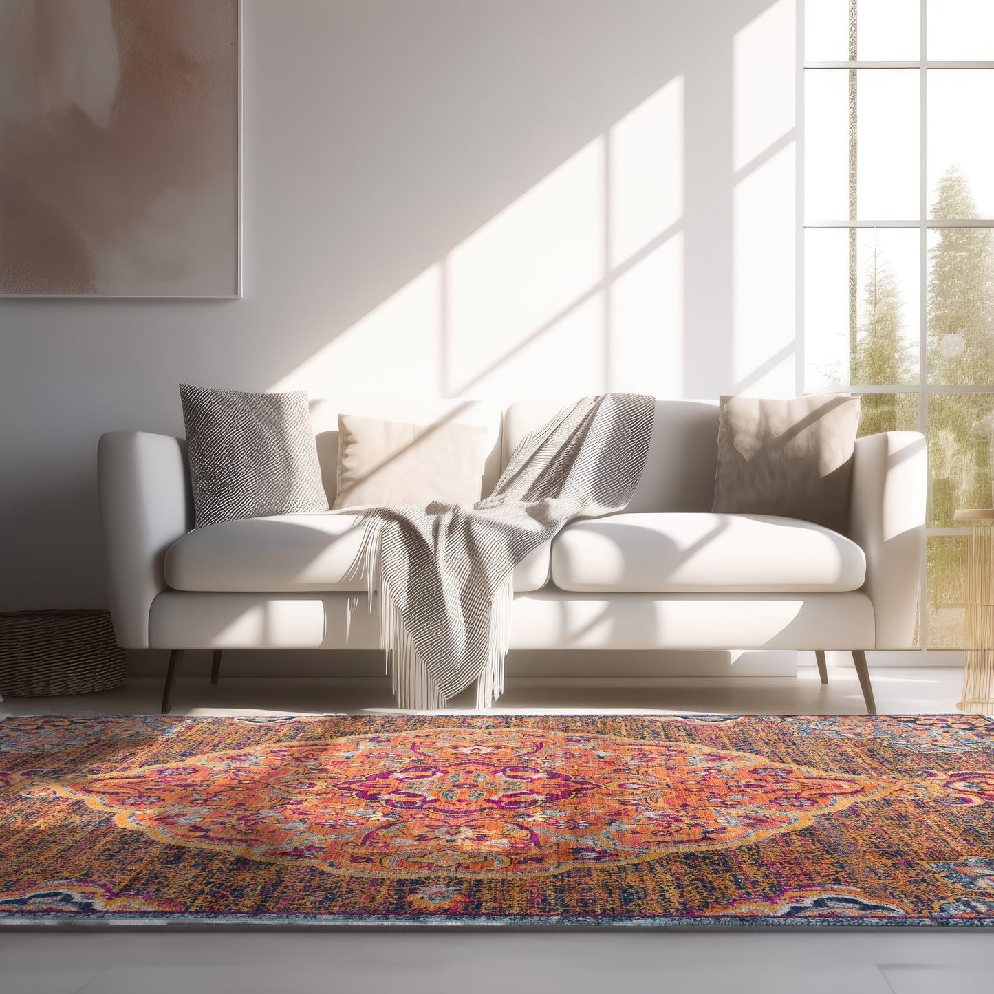 Floria Floral Medallion Traditional Blue and Pink Indoor Rug-6