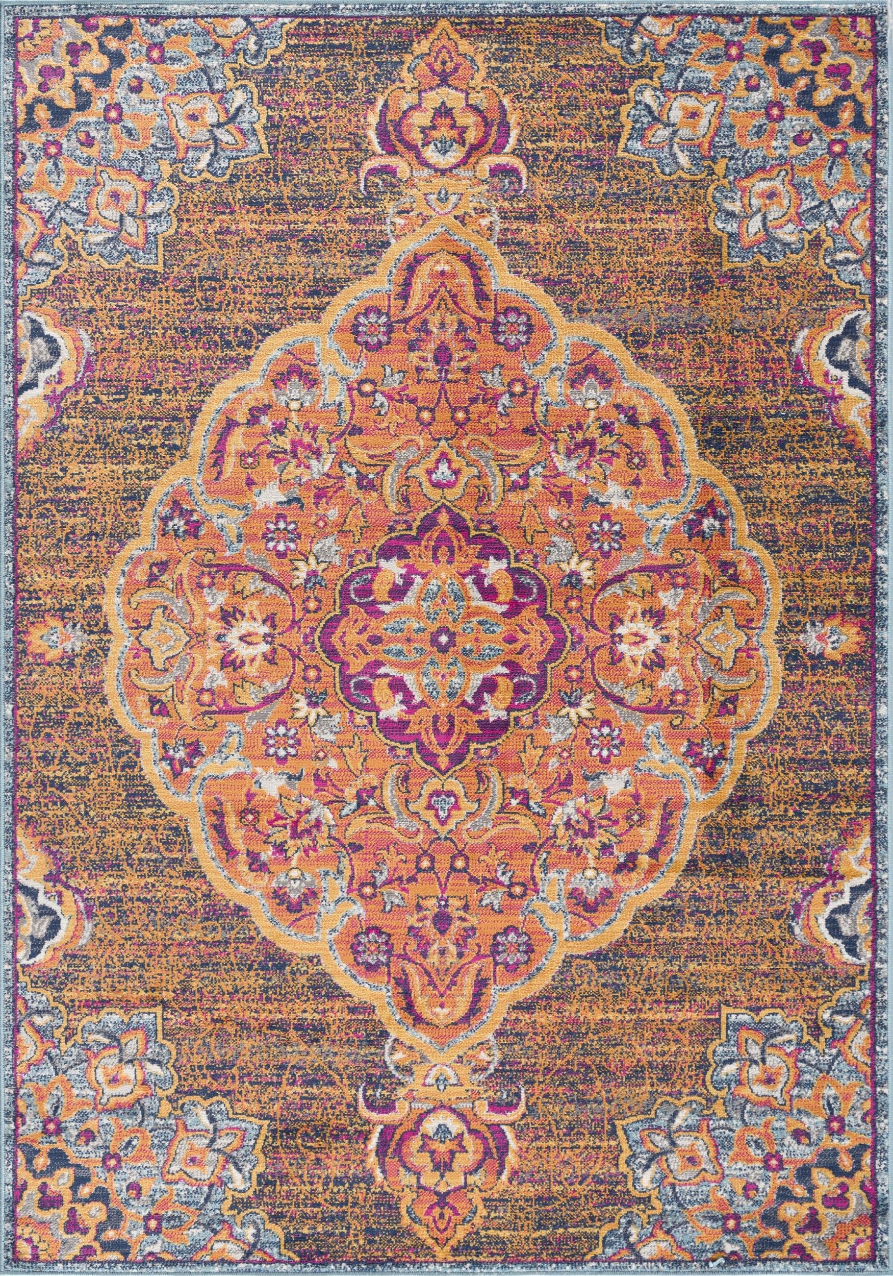 Floria Floral Medallion Traditional Blue and Pink Indoor Rug-16