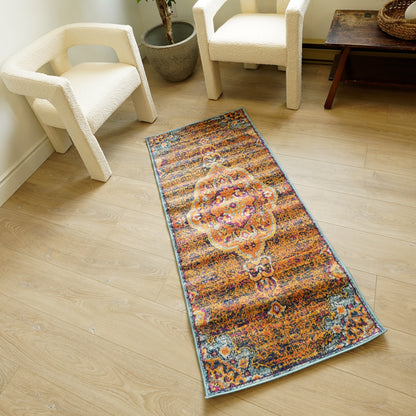Floria Floral Medallion Traditional Blue and Pink Indoor Rug-17