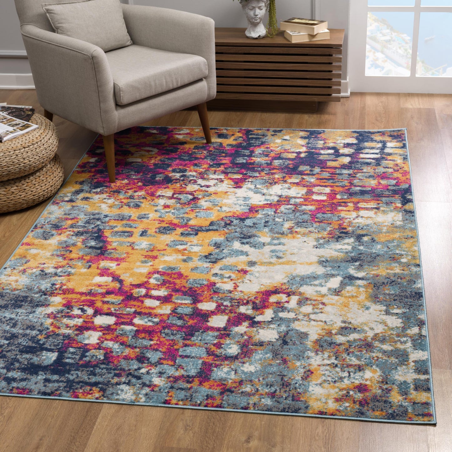 Ziya Abstract Distressed Contemporary Yellow and Blue Indoor Rug