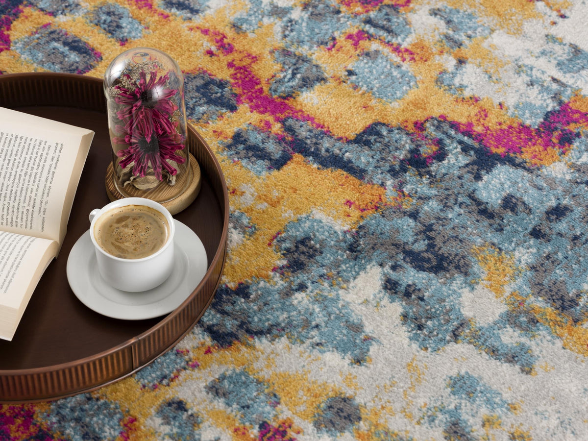 Ziya Abstract Distressed Contemporary Yellow and Blue Indoor Rug