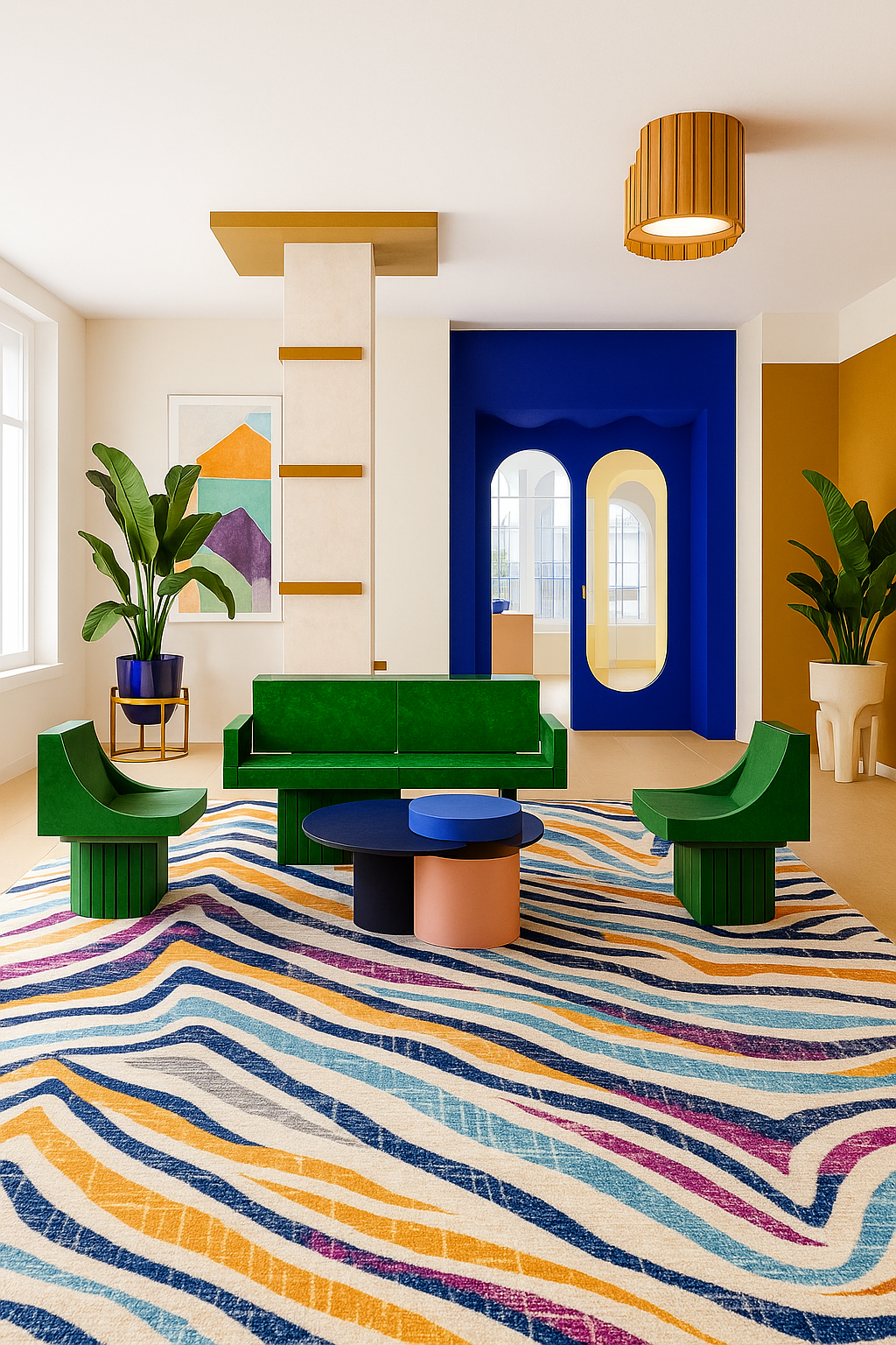 Zola Abstract Wave Contemporary Beige and Blue Indoor Rug