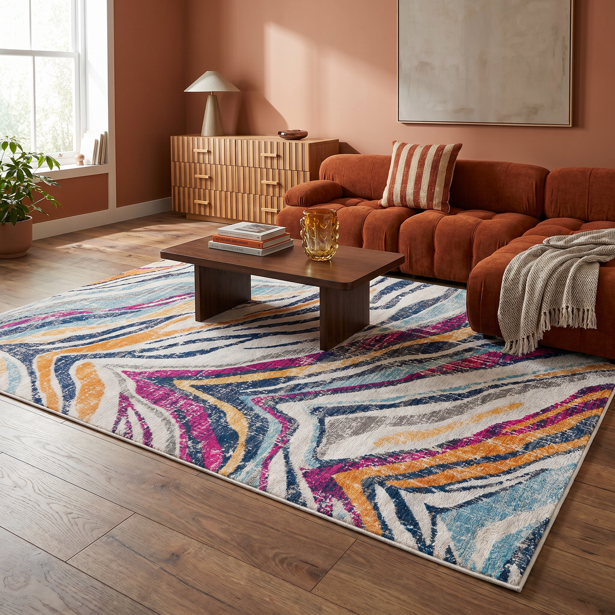 Tapis Zola abstrait à vagues contemporain beige et bleu