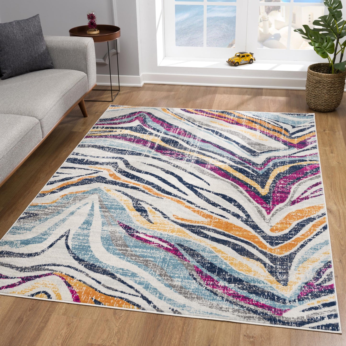 Zola Abstract Wave Contemporary Beige and Blue Indoor Rug