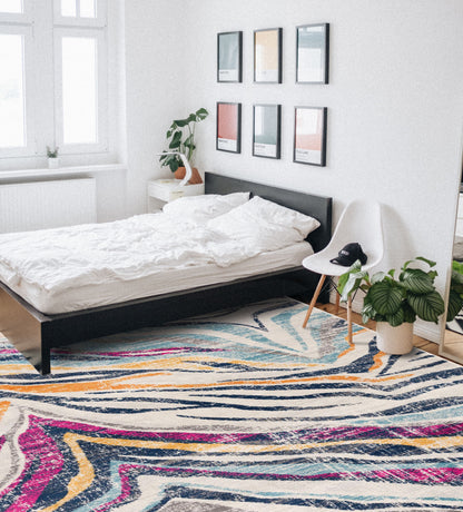 Zola Abstract Wave Contemporary Beige and Blue Indoor Rug