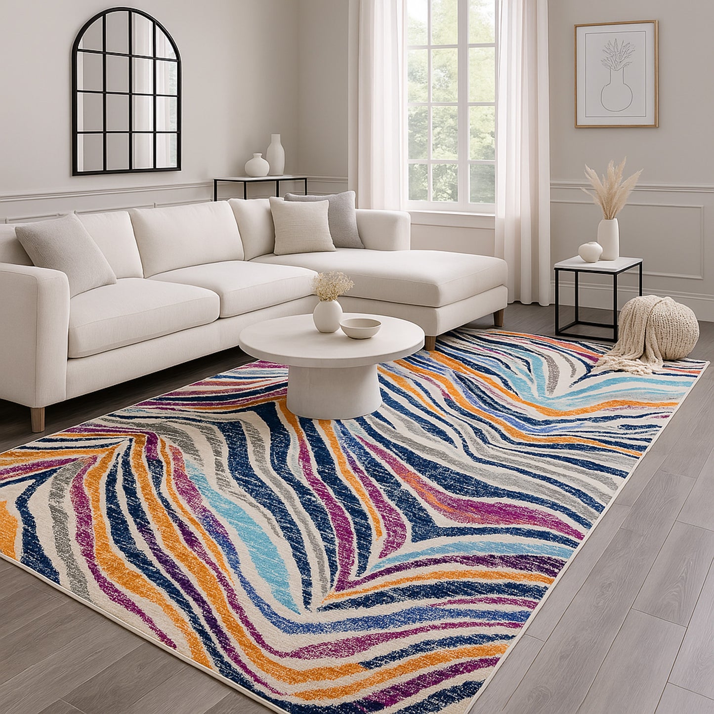 Zola Abstract Wave Contemporary Beige and Blue Indoor Rug