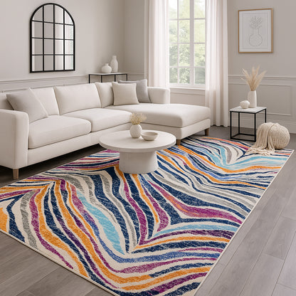 Zola Abstract Wave Contemporary Beige and Blue Indoor Rug