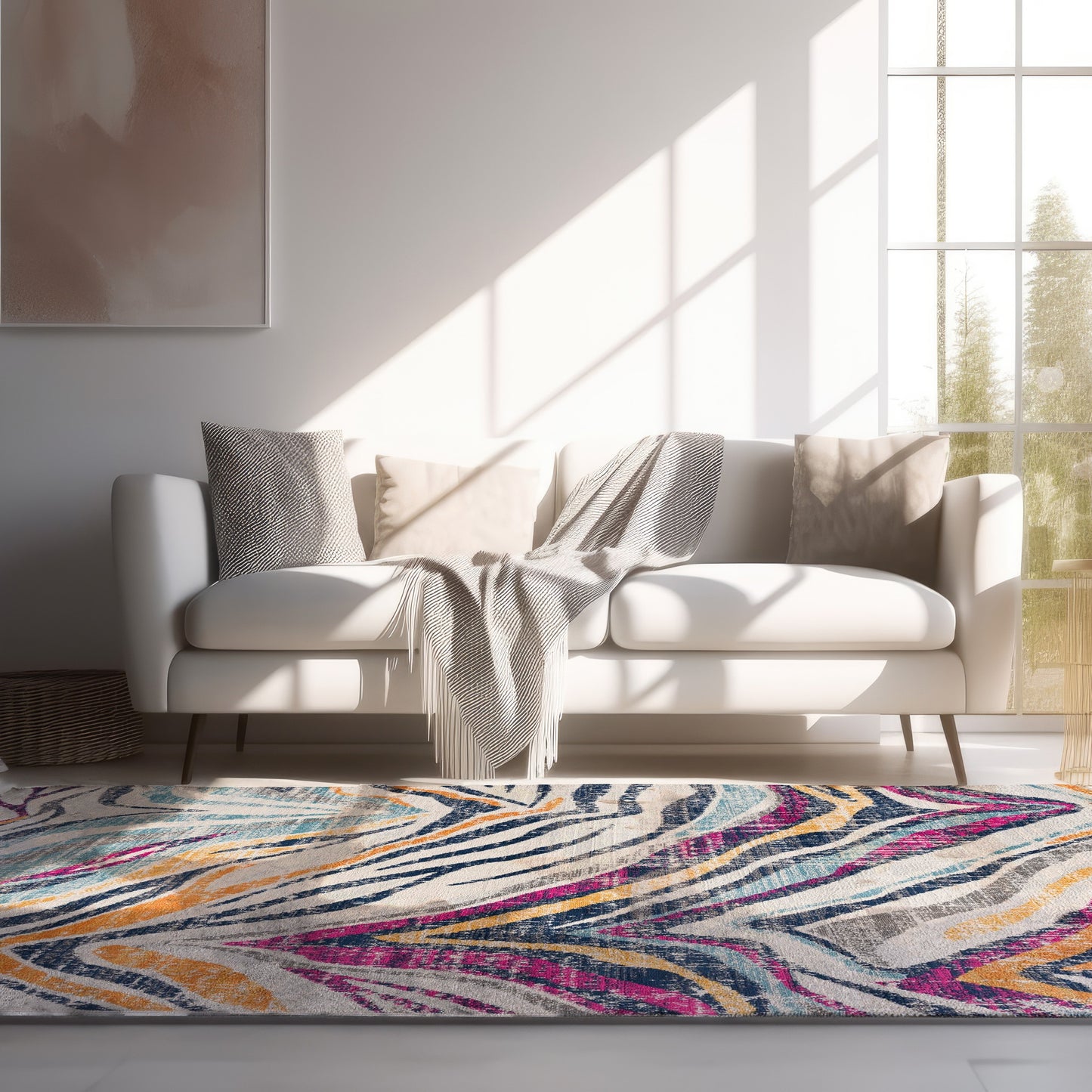 Zola Abstract Wave Contemporary Beige and Blue Indoor Rug