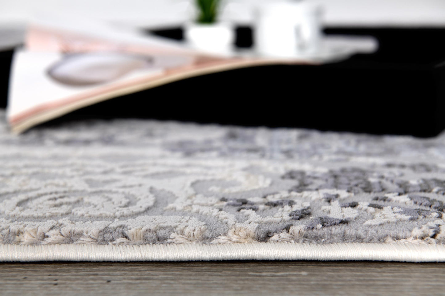 Serica Distressed Damask Transitional Grey and Beige Indoor Rug