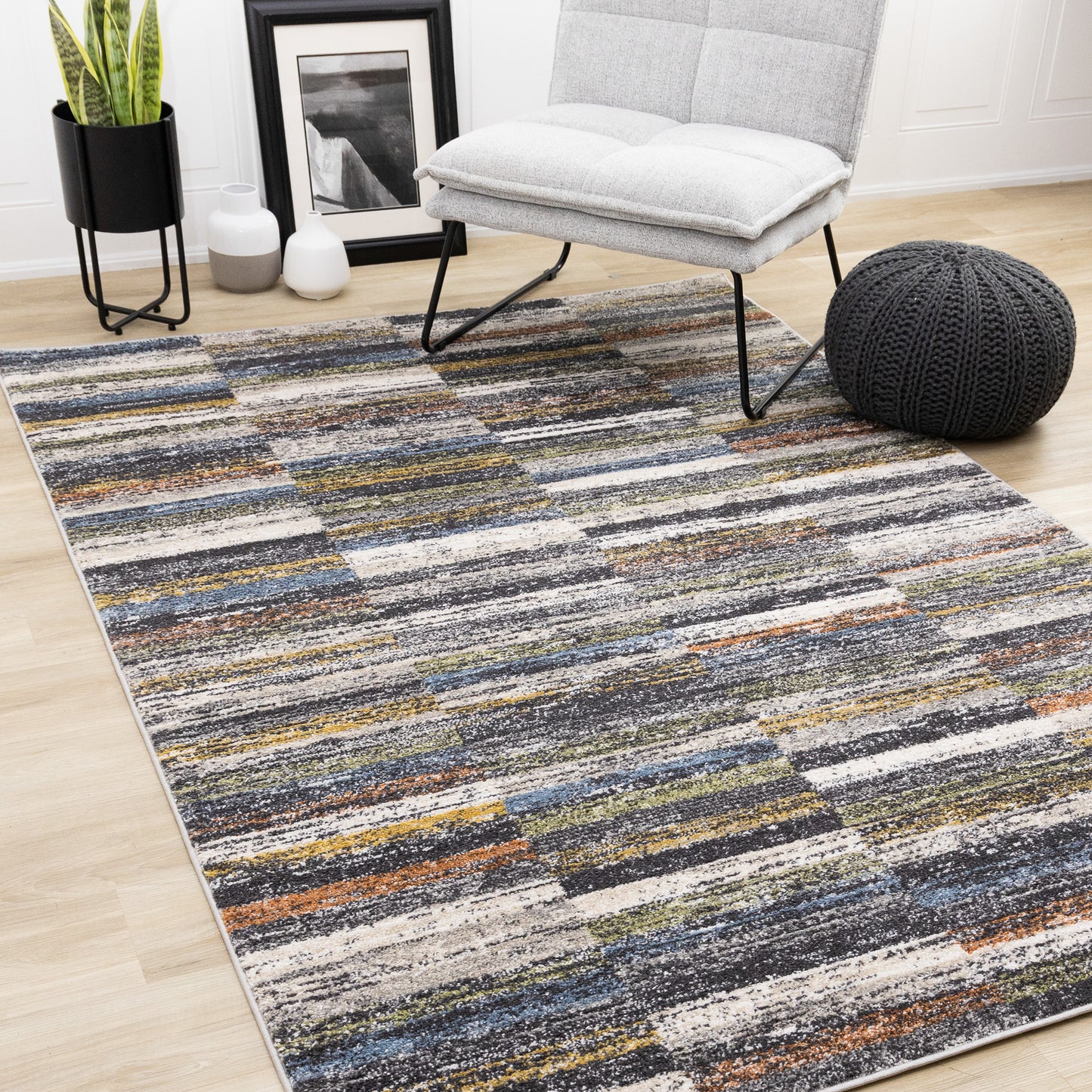 Contemporary Distressed Stripes Grey Area Rug
