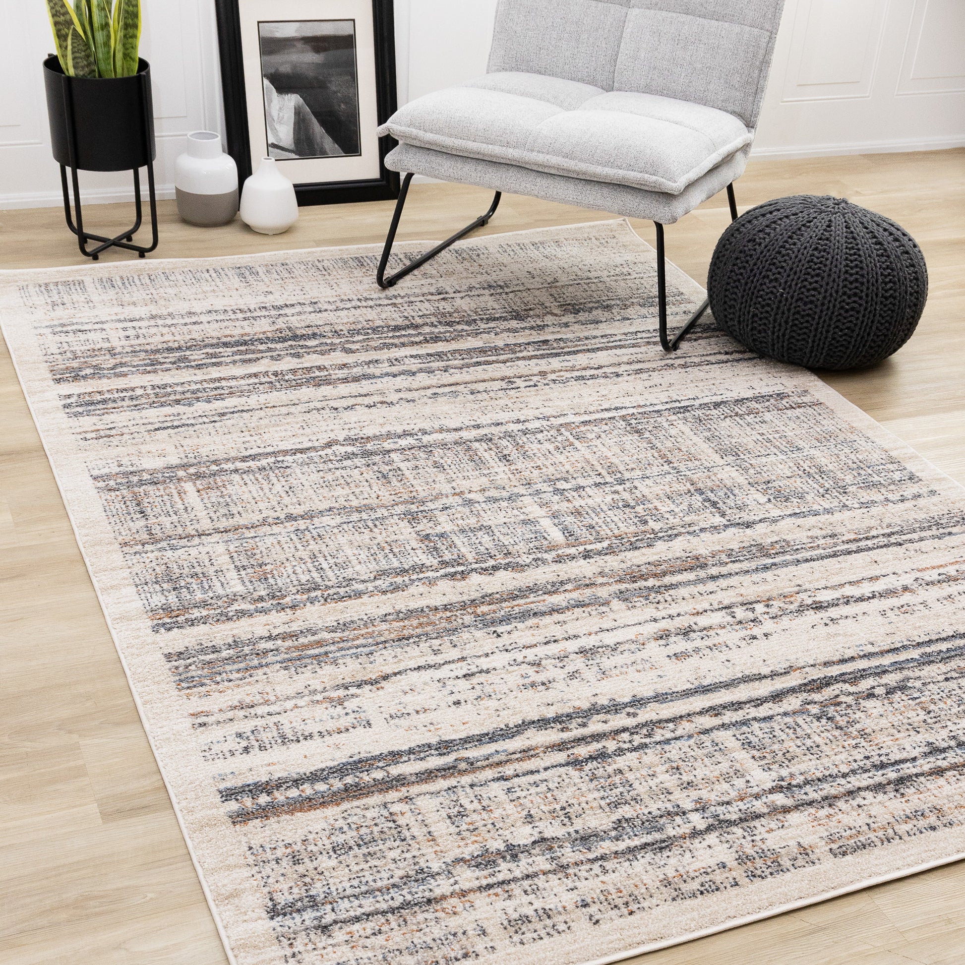 Contemporary Border Distressed Beige Area Rug-2