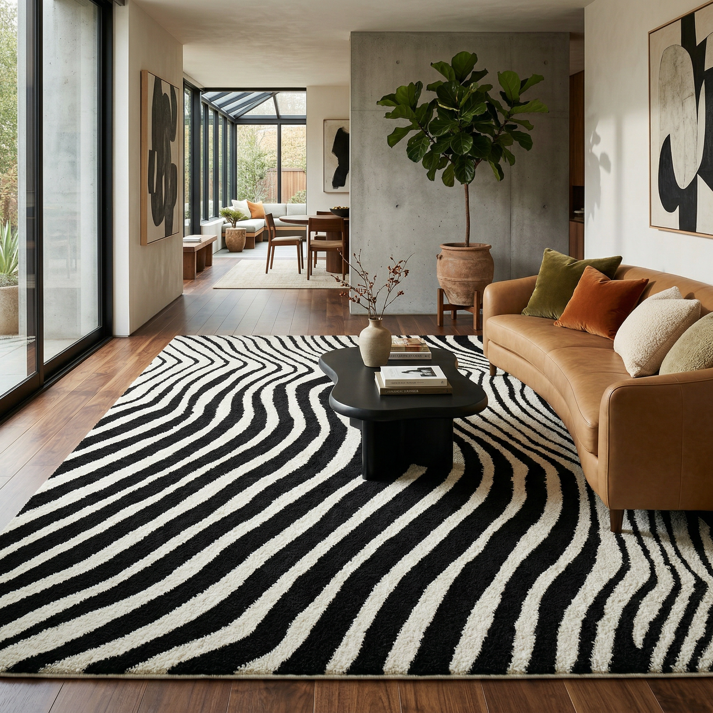 Alfombra Domus con estampado de cebra moderna en blanco y negro