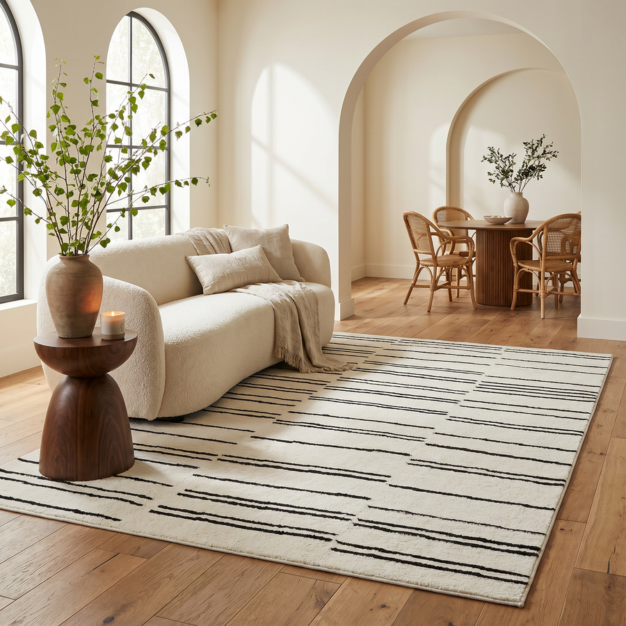 Eken Striped Modern Cream and Black Indoor Rug