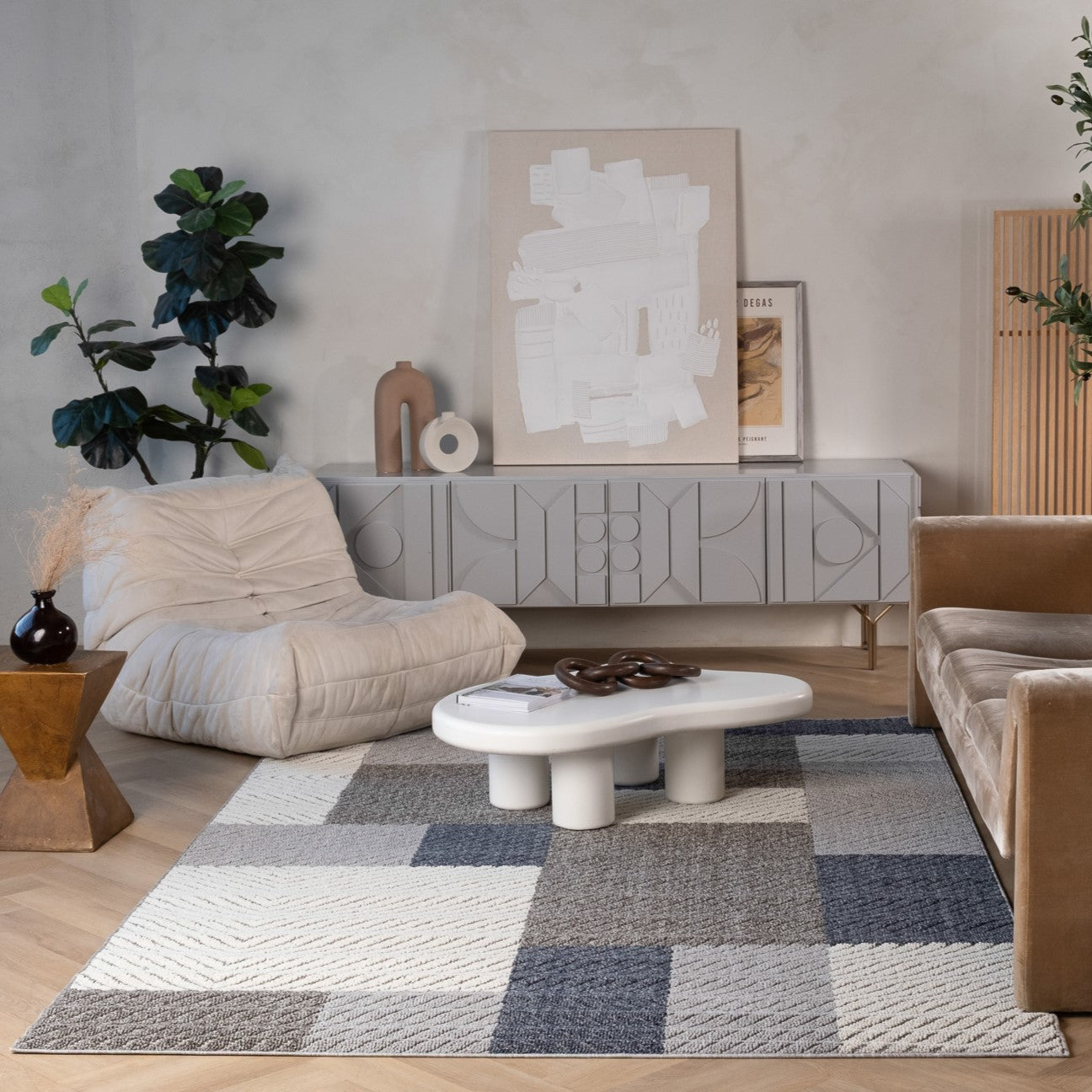 Mandala Patchwork Contemporary Grey and Blue Indoor Rug