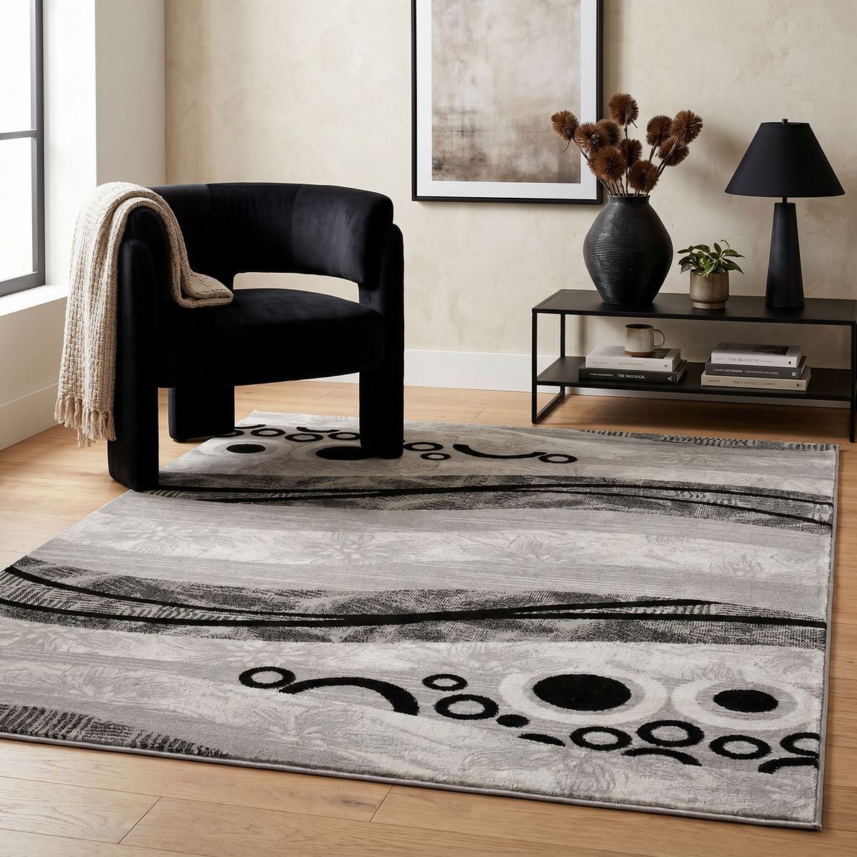 Lehar Abstract Wave Contemporary Grey and Black Indoor Rug
