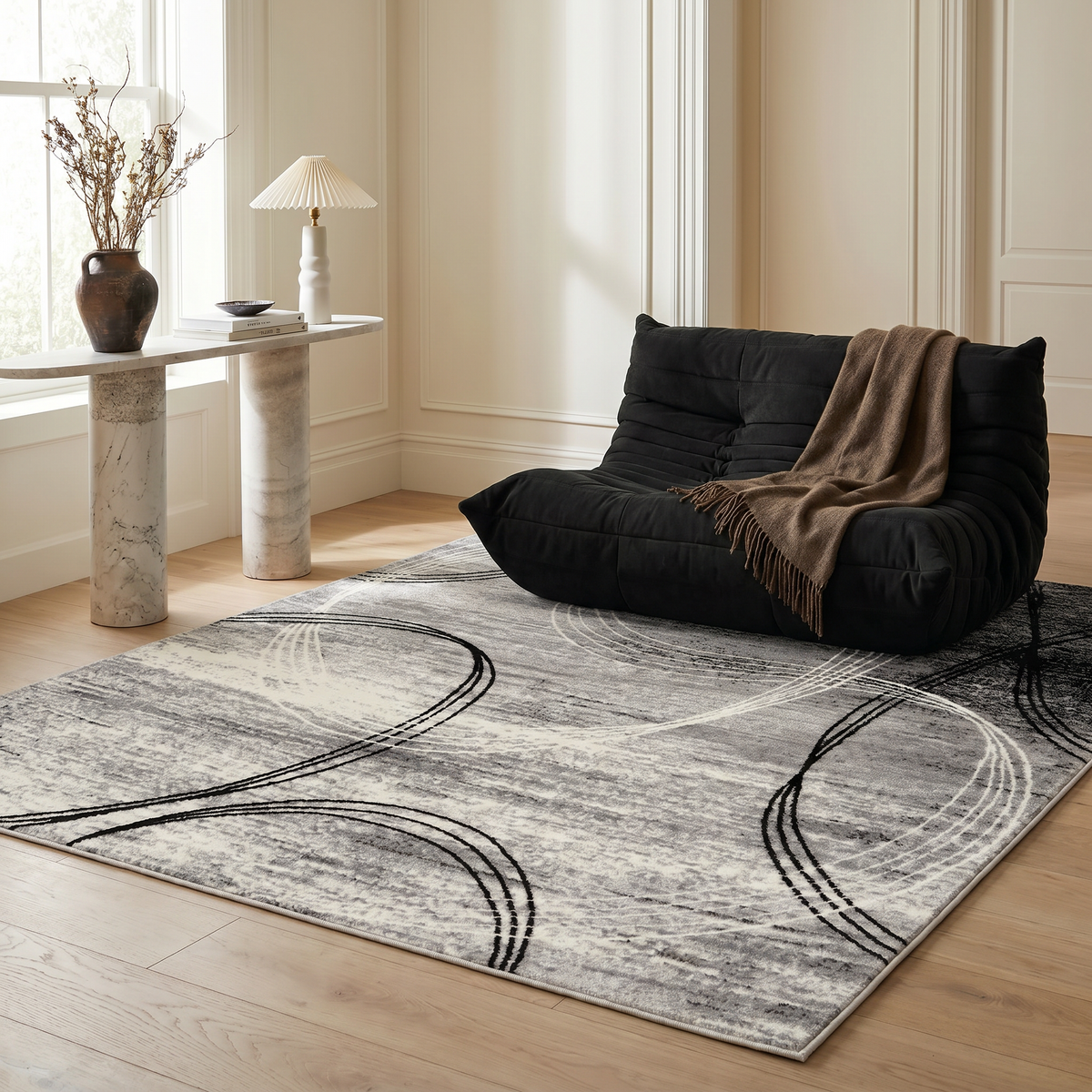 Mawari Abstract Contemporary Grey and Black Indoor Rug