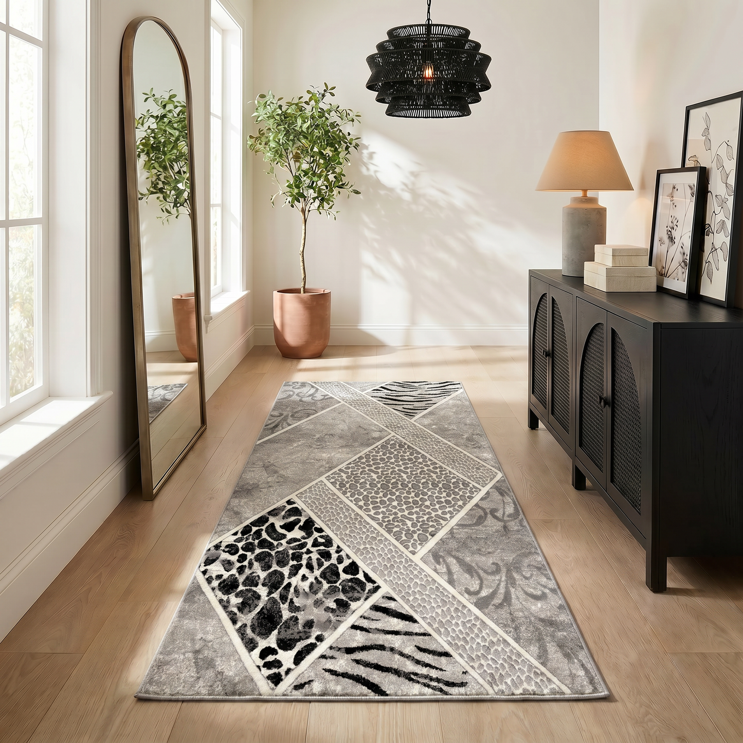 Alfombra gris con estampado animal geométrico Montage