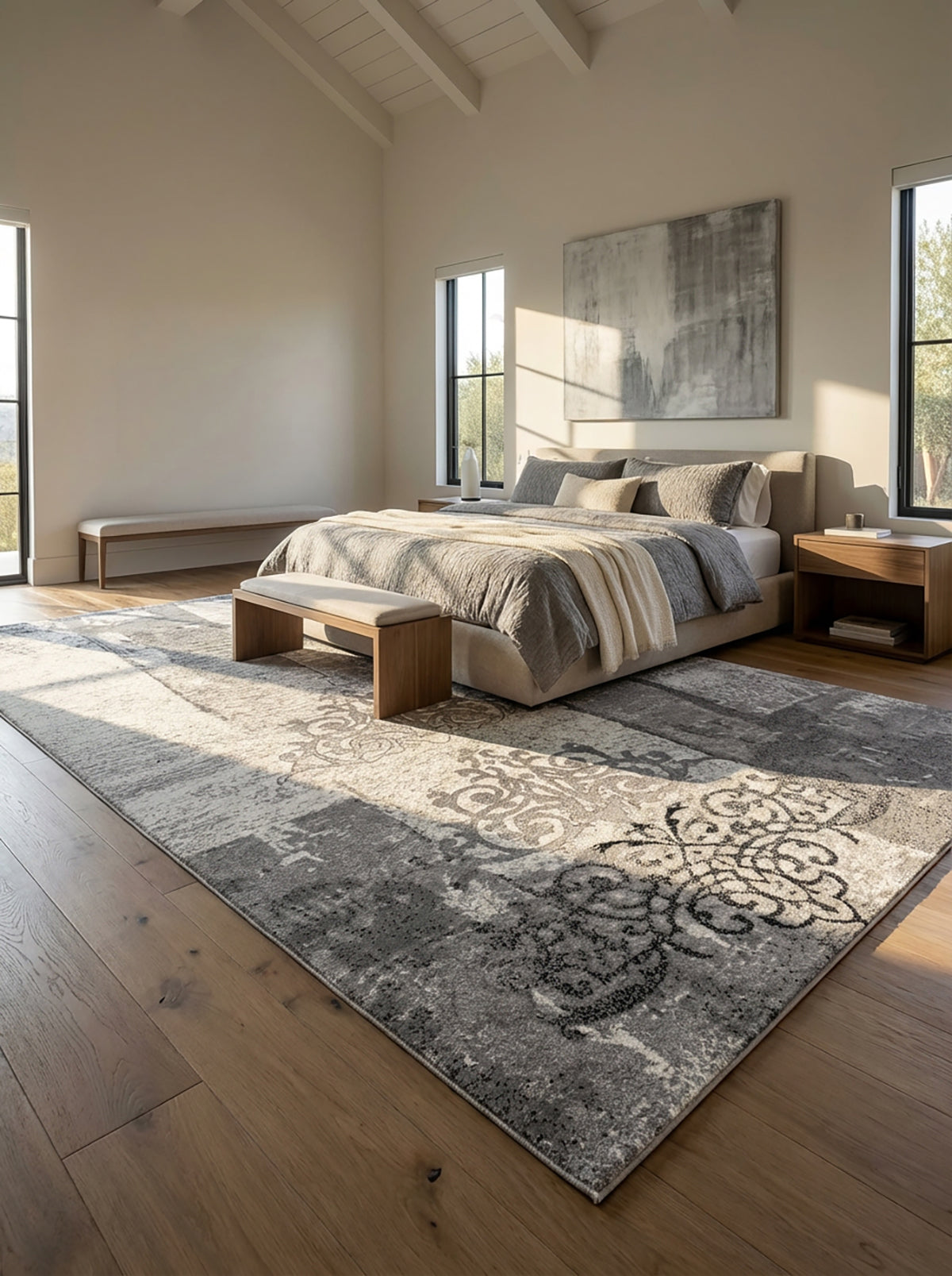 Hikari Distressed Damask Contemporary Grey and Black Indoor Rug