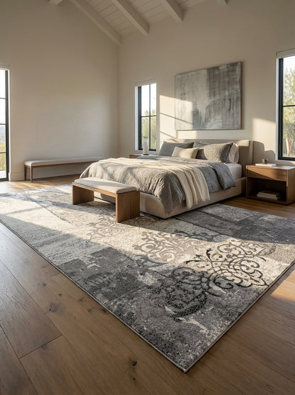 Hikari Distressed Damask Contemporary Grey and Black Indoor Rug