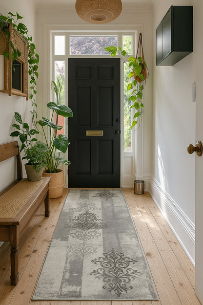 Hikari Distressed Damask Contemporary Grey and Black Indoor Rug