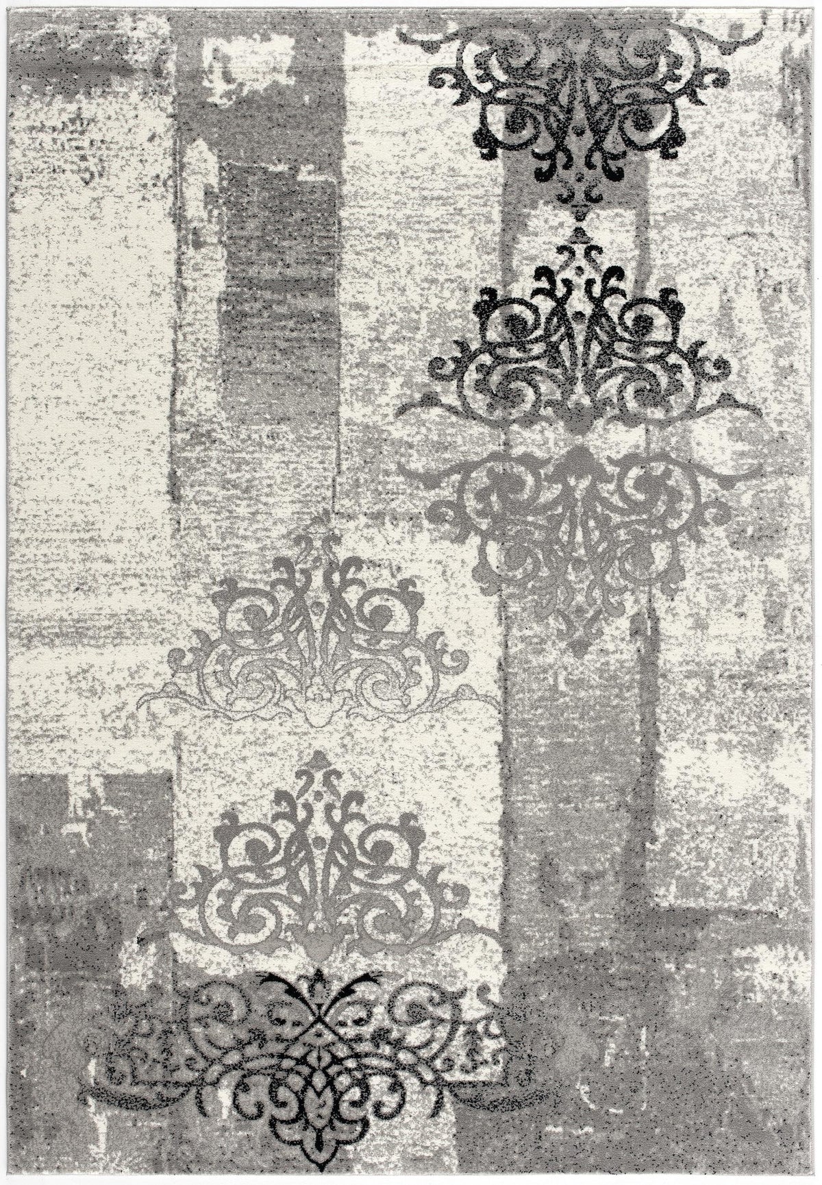 Hikari Distressed Damask Contemporary Grey and Black Indoor Rug