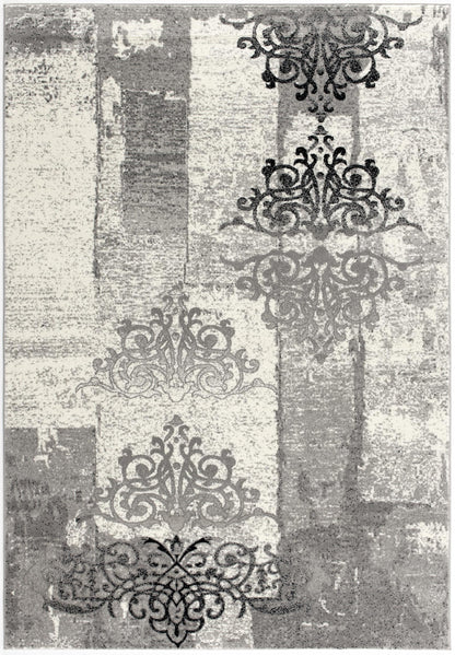 Hikari Distressed Damask Contemporary Grey and Black Indoor Rug