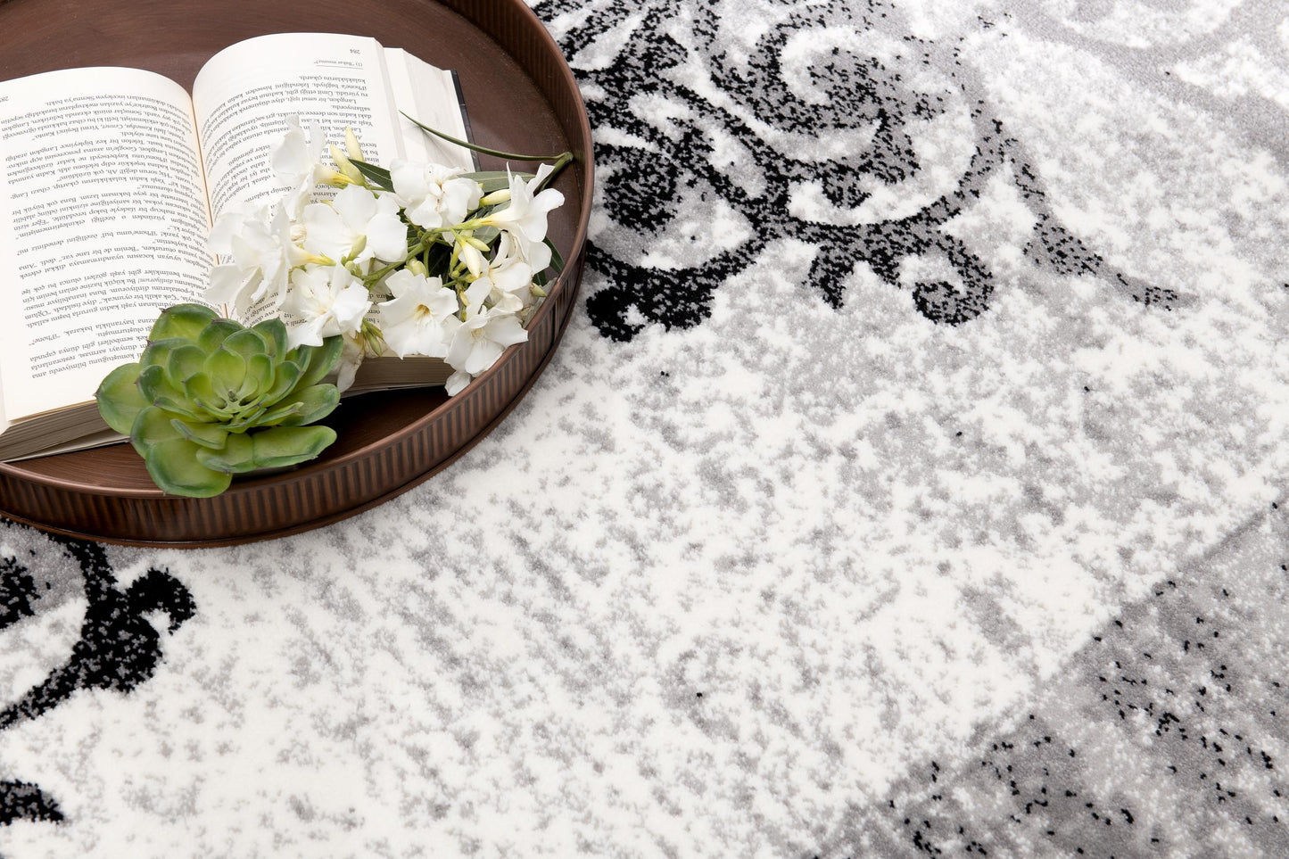 Hikari Distressed Damask Contemporary Grey and Black Indoor Rug