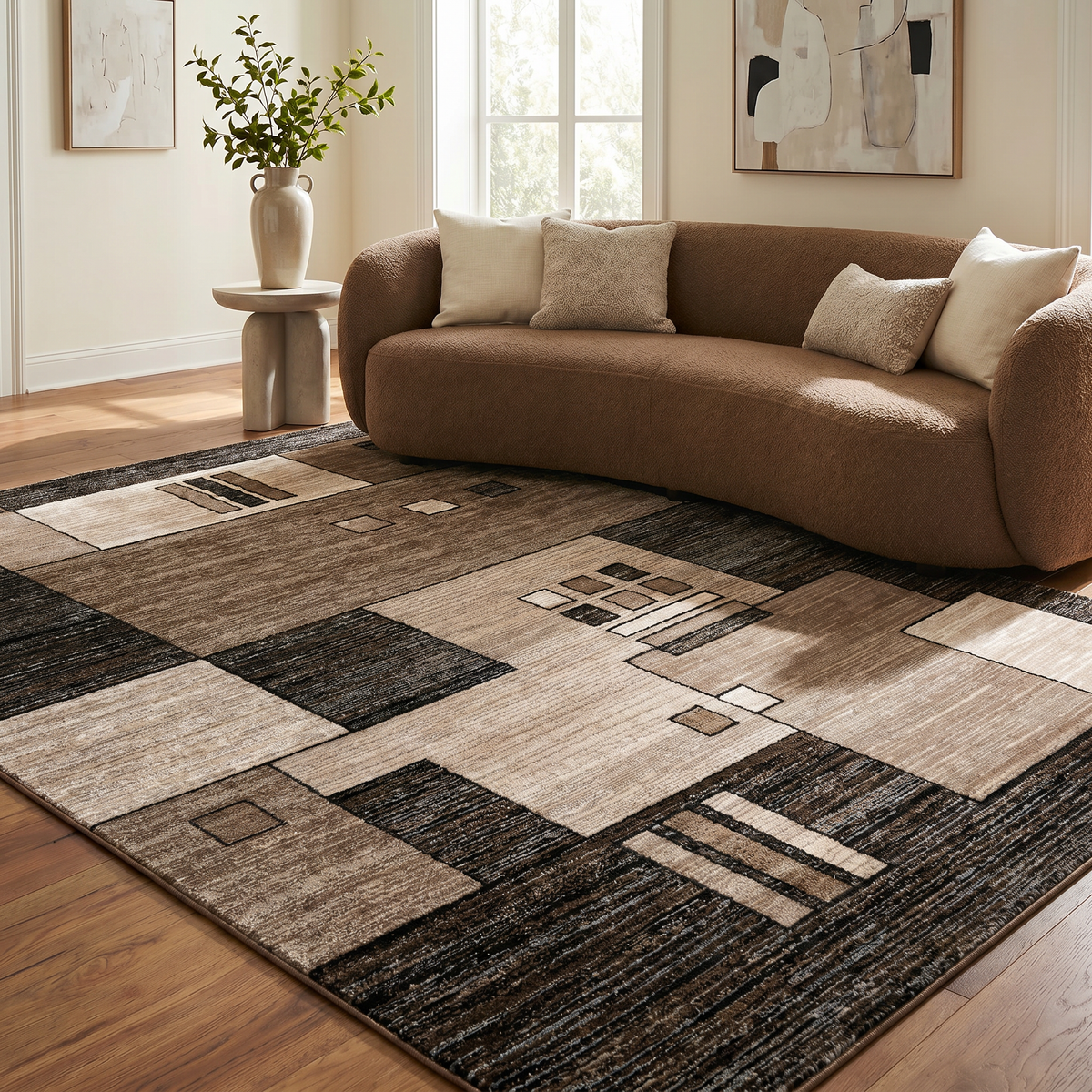 Shizen Geometric Contemporary Brown and Beige Indoor Rug