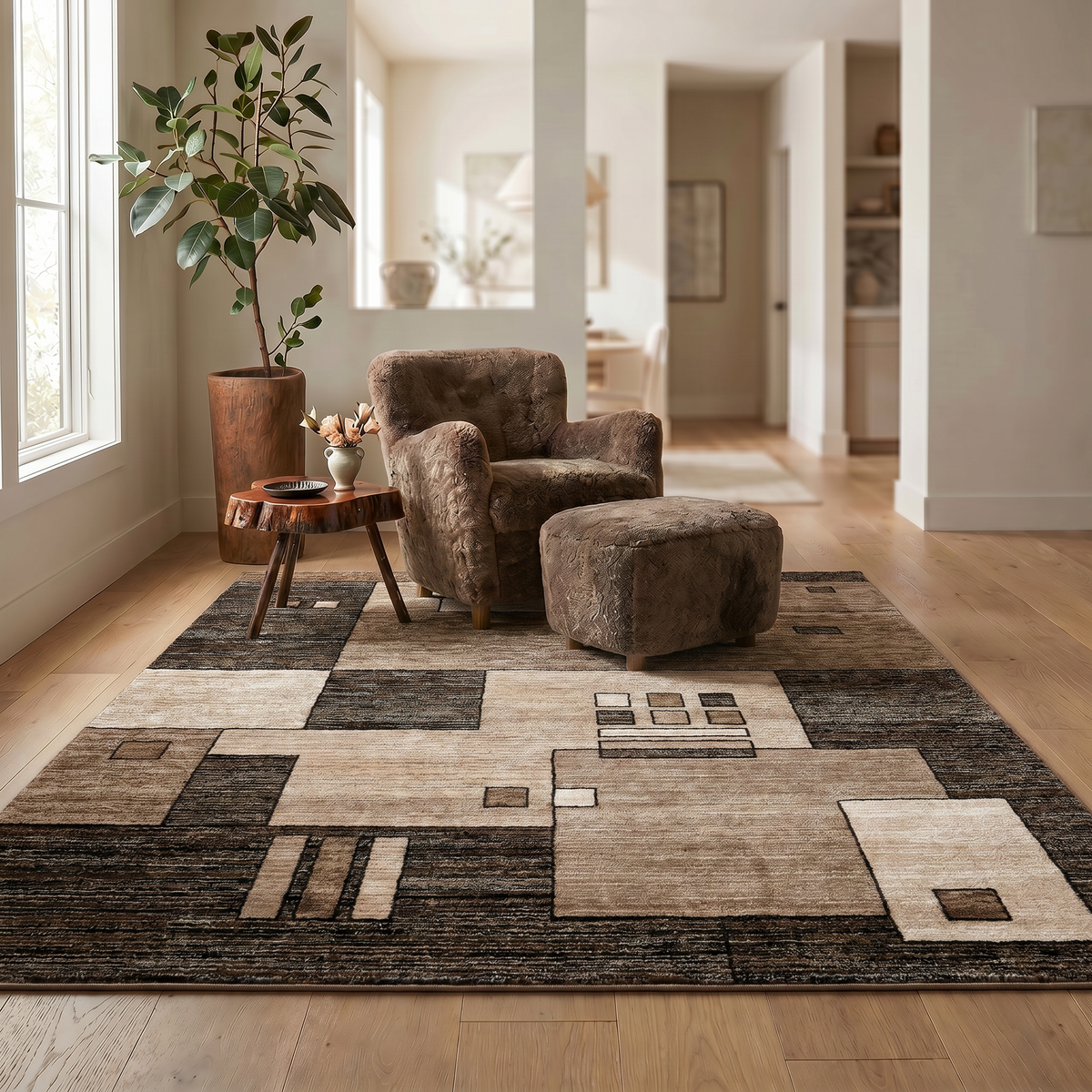 Shizen Geometric Contemporary Brown and Beige Indoor Rug