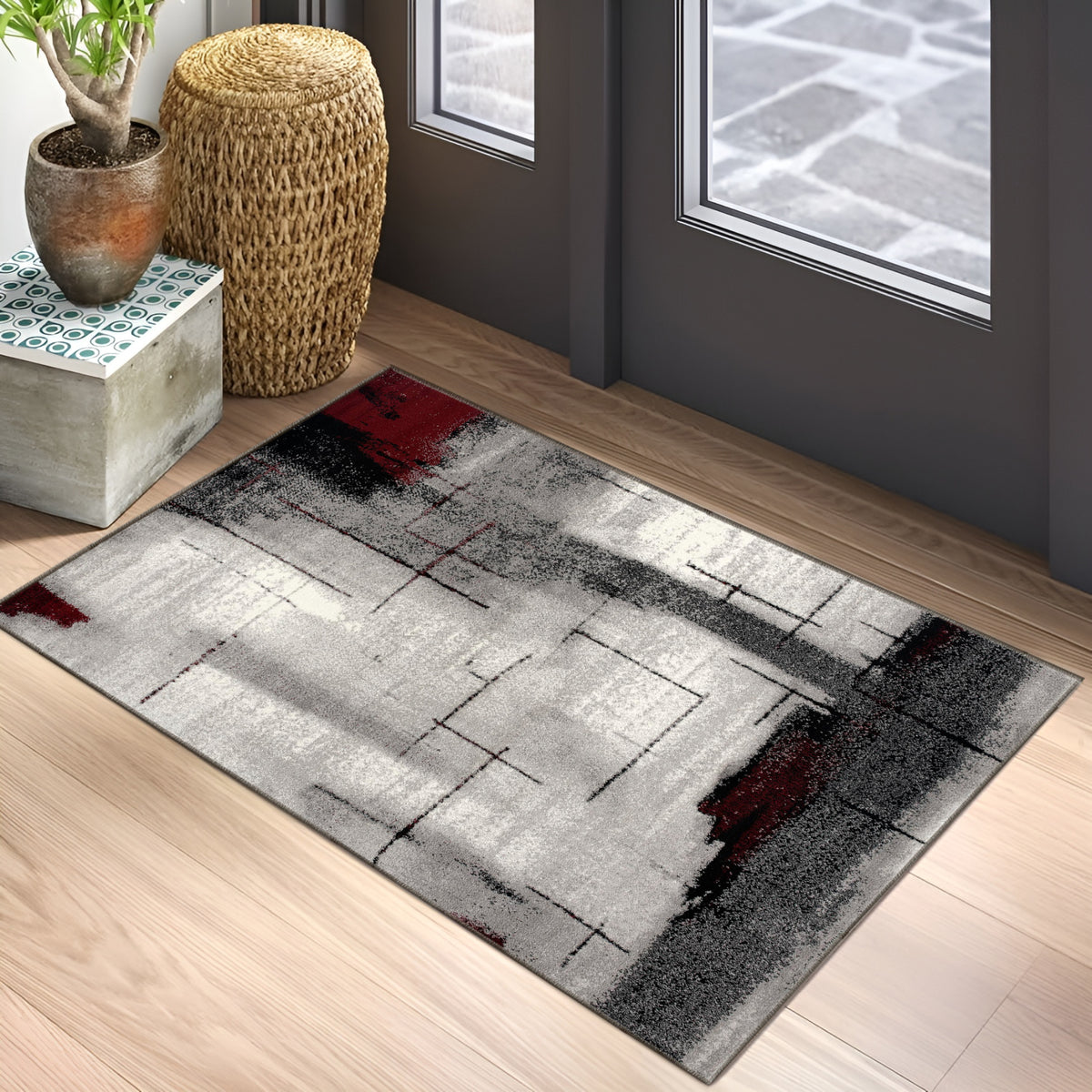 Kyma Abstract Contemporary Grey and Red Indoor Rug