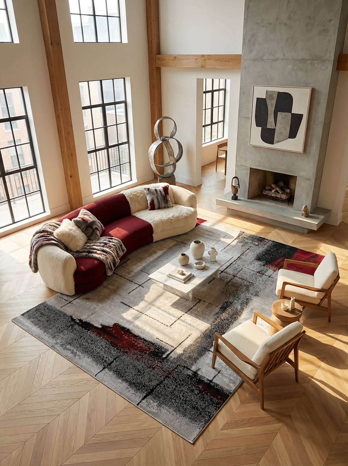 Kyma Abstract Contemporary Grey and Red Indoor Rug-4