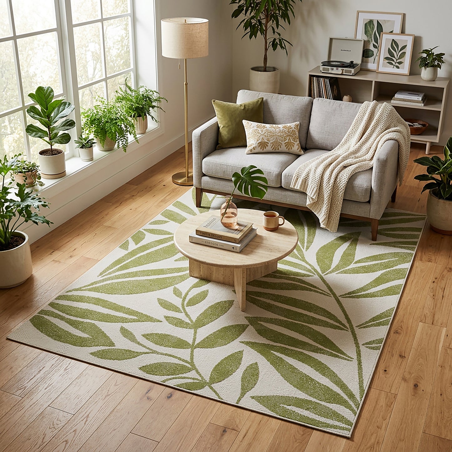 Botanical Modern Weiss and Green Outdoor Rug