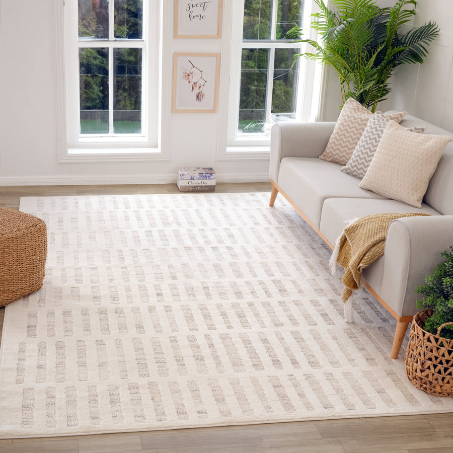 Aino Striped Grid Contemporary Beige and Cream Indoor Rug