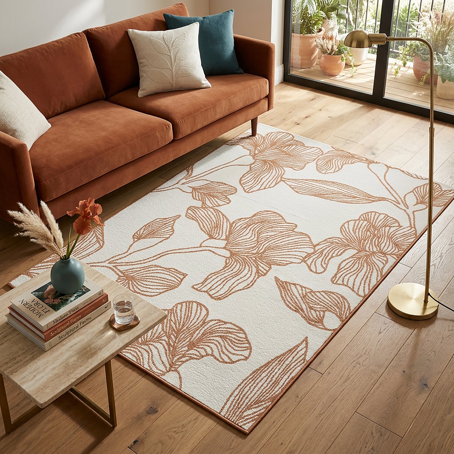 Botanical Modern Weiss and Brick Outdoor Rug