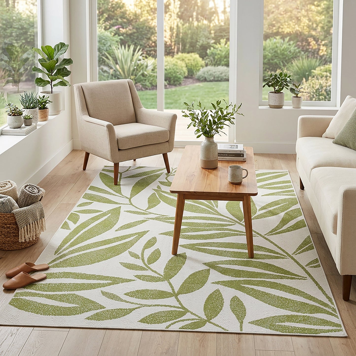Botanical Modern Weiss and Green Outdoor Rug