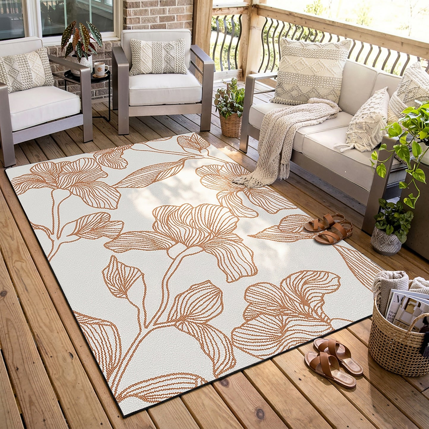 Botanical Modern Weiss and Brick Outdoor Rug