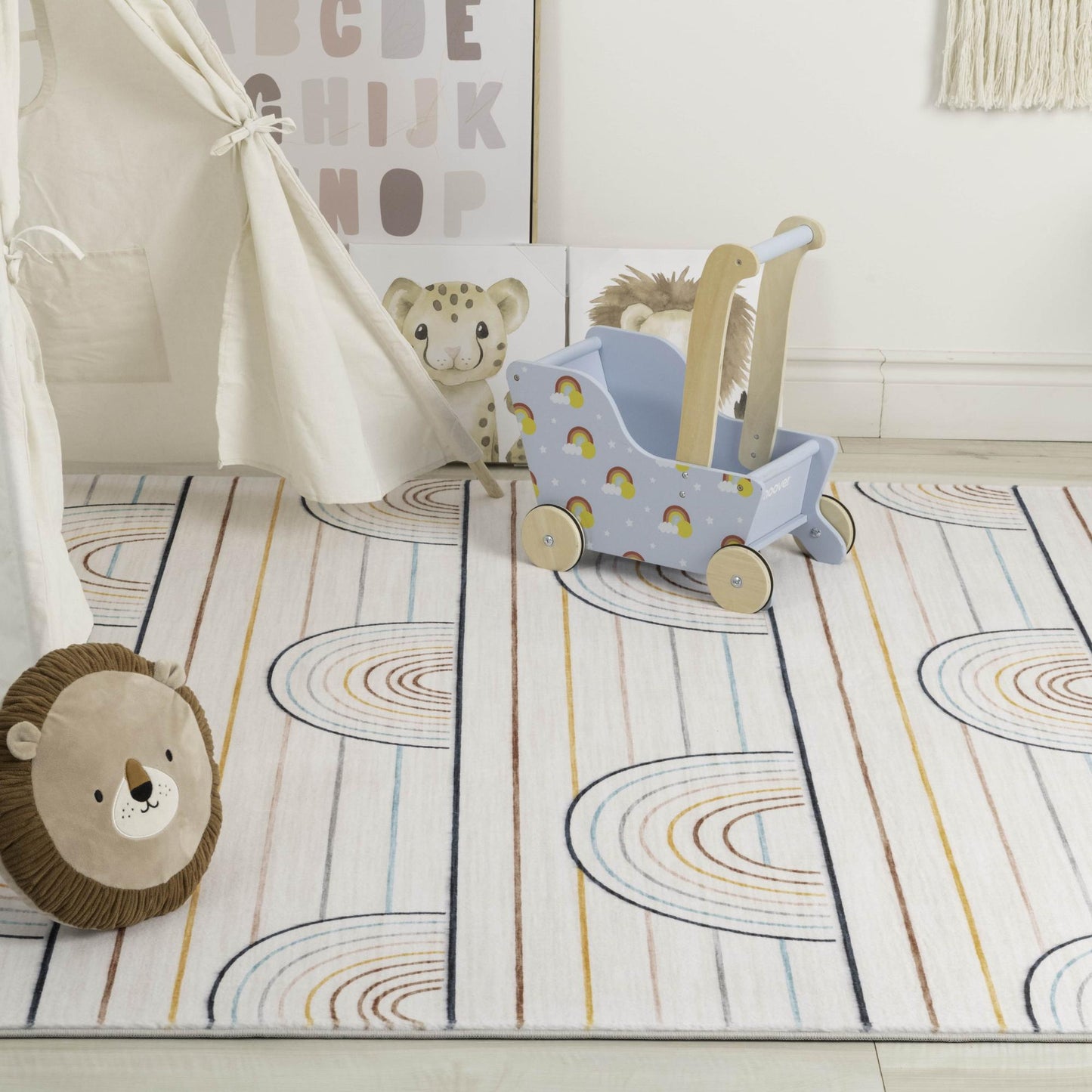 Soft Steps Playtime Striped Colorful Rainbow Playmat Blue Soft Rug