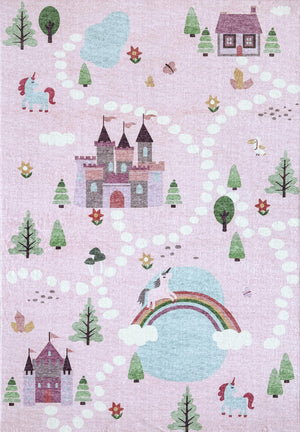 Everly Unicorn Castle Map Scandinavian Pink and White Indoor Rug