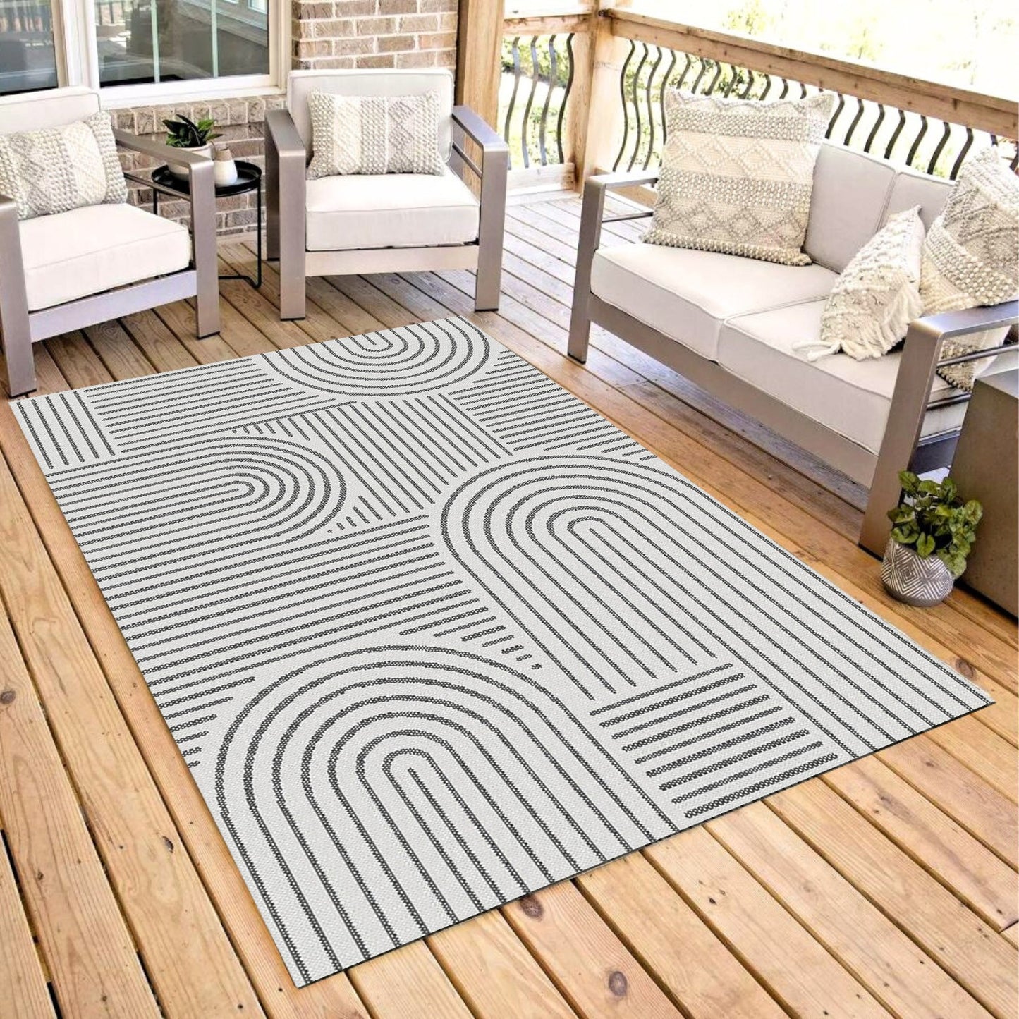 Abstract Modern Weiss and Pebble Outdoor Rug
