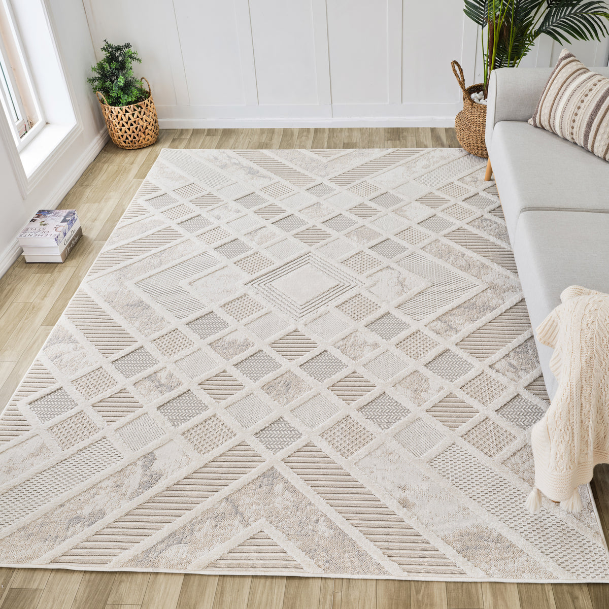 Liora Geometric Contemporary Cream and Beige Indoor Rug