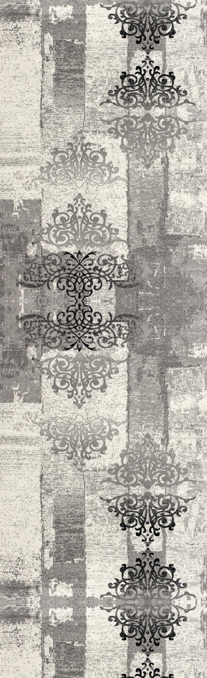 Hikari Distressed Damask Contemporary Grey and Black Indoor Rug