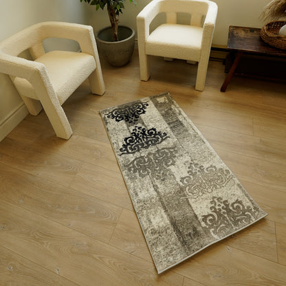 Hikari Distressed Damask Contemporary Grey and Black Indoor Rug