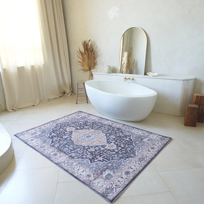 Lina Vintage Medallion Traditional Blue and Beige Indoor Rug