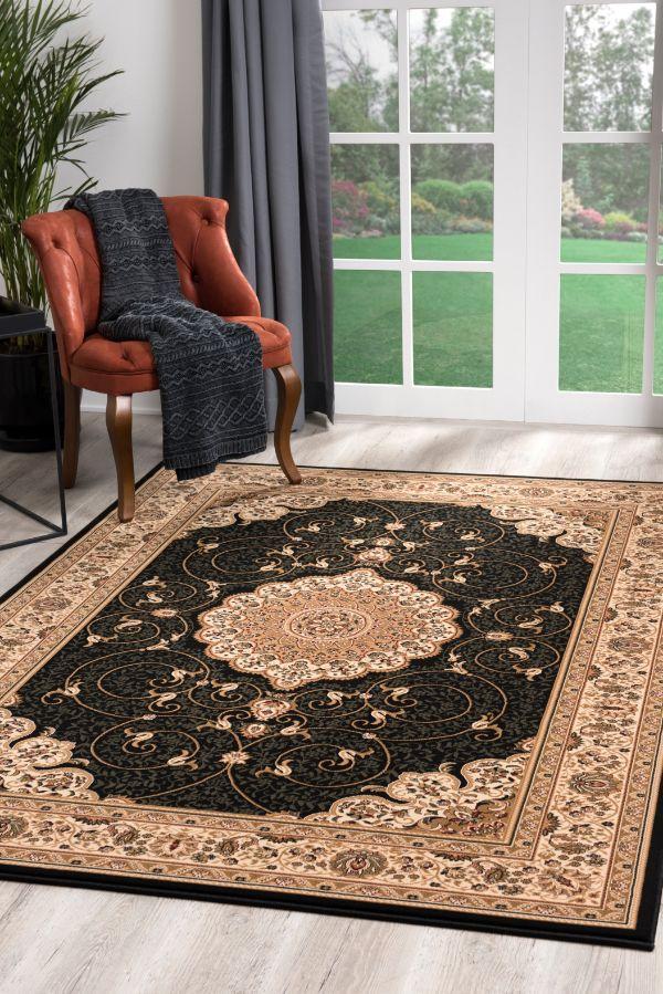 Parisa Persian Medallion Traditional Black and Beige Indoor Rug
