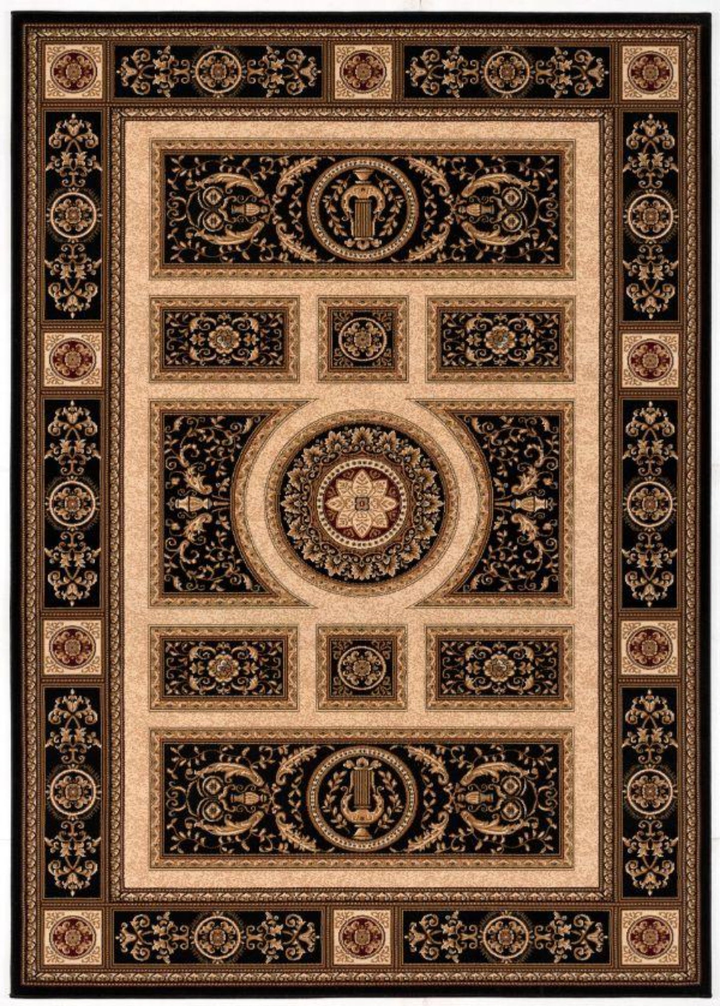 Fajr Floral Medallion Traditional Black and Beige Indoor Rug