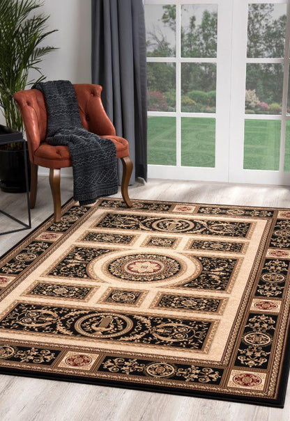 Fajr Floral Medallion Traditional Black and Beige Indoor Rug