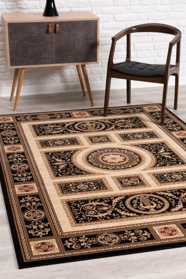 Fajr Floral Medallion Traditional Black and Beige Indoor Rug
